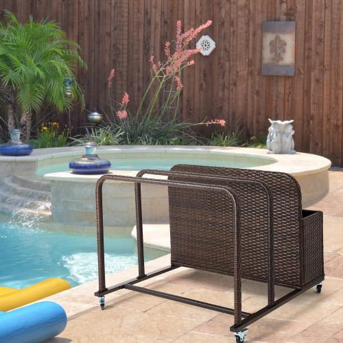 Poolside Float Storage Organizer, Outdoor Wicker Rattan Pool Float Holder Storage Rack for Basket Box Patio Pool Storage Caddy with Rolling Wheels for Pool Toy Noodles Equipment Accessroies (Brown)