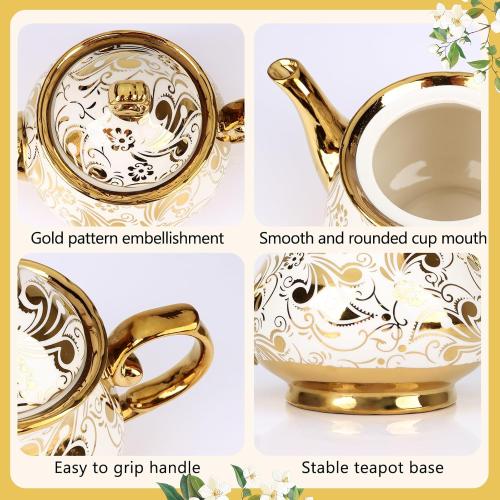 20 Pcs Porcelain Tea Set with Metal Holder,European Flower Adult Ceramic Tea Party Set for Women,1000ML Teapot, Beautiful Coffee Tea Cup Set for Home&Party(Gold)