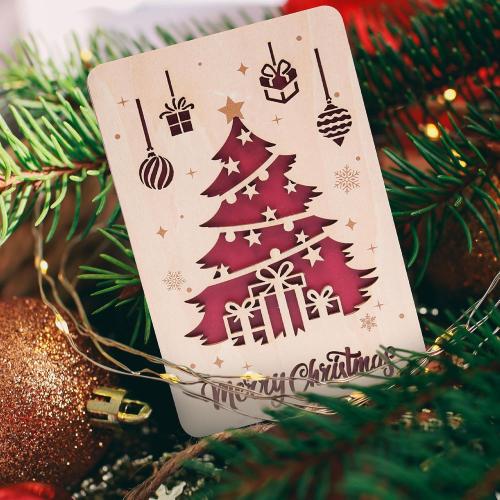Wooden Christmas Greeting Card, Handmade Merry Christmas Card 2025, Festive Laser Cut Wood Art for Home and Tree Decor, Unique Holiday Gift for Friends and Family (Style 1)