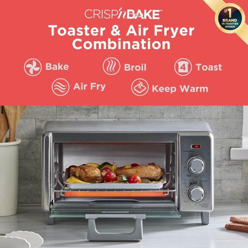 BLACK DECKER Crisp 'N Bake Air Fry Countertop Convection Toaster Oven, Medium Capacity, 4-Slice, 5-in-1, Fits 9” Pizza, 30-Min Timer, Bake, Broil, Air Fry, Toast, Keep Warm, Stainless Steel