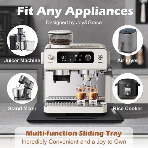 Joy&Grace Appliance Slider for Kitchen Appliances 360° Rolling Sliding Tray for Coffee Maker Countertop, Bamboo Coffee Pot Slider Rolling Tray with Universal Rollers (Black, Large 16x13)