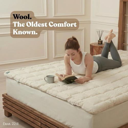 Organic Merino Wool Mattress Topper 1650 GSM - Pillow Top Mattress Pad, Handmade, Non-Toxic, Cooling and Hypoallergenic Wool Topper for Back Pain Relief (Queen)