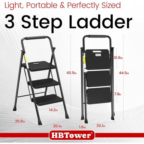 HBTower Step Ladder, Folding Step Stool with Wide Anti-Slip Pedal, Sturdy Steel Ladder, Convenient Handrail, Lightweight, Portable Steel Step Stool
