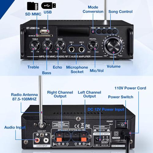 298Pro Stereo Audio Amplifier, Max 400W Home 2 Channel Bluetooth 5.0 Wireless Power Amplifier, HiFi Sound Home Theater Audio System Home Stereo Receiver, MIC in w/Echo, Bass & Treble w/USB/RCA/FM