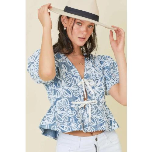 Denim Embroidered Crop Top with Front Tie Detail SIZE SMALL