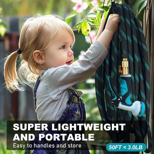 Garden Hose 50 ft, 2025 Upgarded Flexible Water Hose 50ft With 10-Pattern Spray Nozzle, Kink-Free, Lightweight, Durable, Leak-Proof Solid Brass Fittings (Black & Cyan)