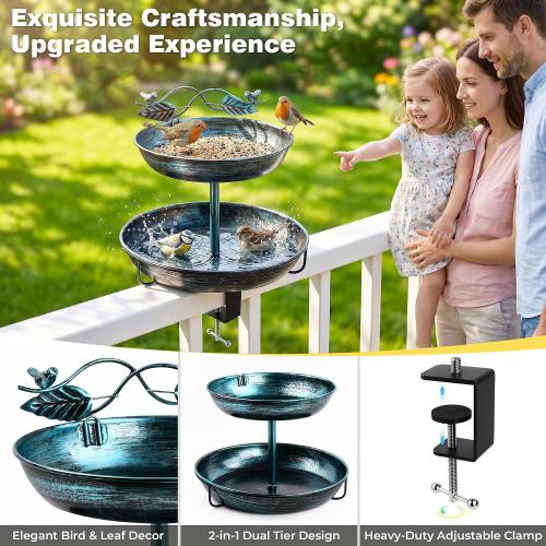 2 in 1 Deck Bird Bath & Feeder for Railing, Metal Birdbath & Birdfeeder with Adjustable Clamp, Detachable Bird Baths Water Bowl, Rustproof Wild Bird Balcony Patio Yard Garden Decor (Lake Blue)