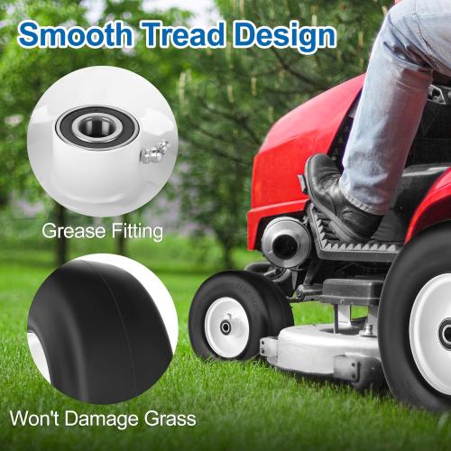 13x5.00-6 Flat Free Lawn Mower Tires and Wheels 3/4 5/8 1/2 Ball Bearings, 13x5x6 Zero Turn Mower Front Tires, Smooth Tires for Commercial Grade Lawn 3.25-5.25 Adjustable Centered Hub