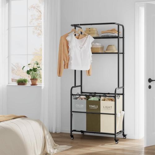 Laundry Sorter 3 Section,Laundry Hamper Cart with Hanging Rack & Removable Bags,Heavy Duty Laundry Basket Organizer with Wheels & 2 Tier Shelf,3 Colors