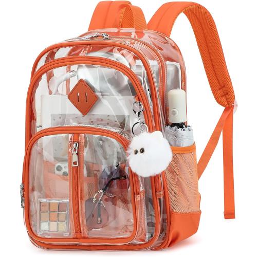 Clear Backpack for School Girls Boys, Heavy Duty Large Transparent See Through Women Bookbags for Travel College Workplace Security Approved - Orange