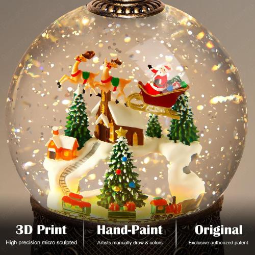 Snow Globe Christmas Decorations for Home Auto Snowfall Glitter Music Collection Santa Reindeer Train Snowy Village Scene with 6H Timer USB/Battery Powered 105mm Globe
