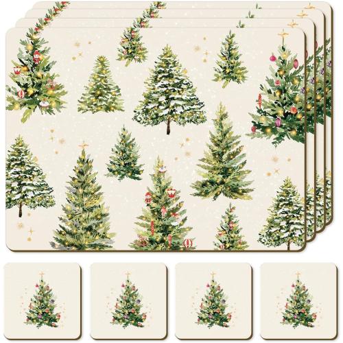 Cork Placemats Set of 4 with Matching Coasters, Heat Resistant, Rectangular 16.15 x 12.2 Inches, Non-Slip, for Dining Table, Christmas (Xmas Trees, Set of 4)