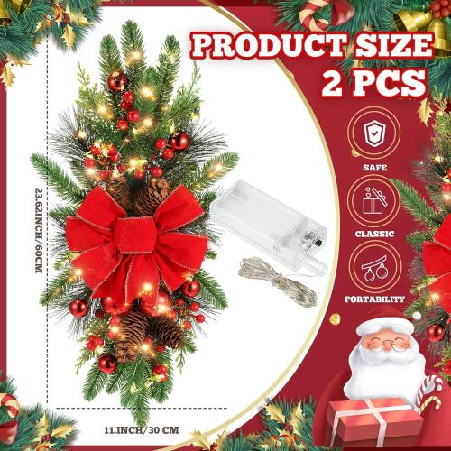 Lyrow 2 Pack Christmas Artificial Swags 24 Xmas The Cordless Prelit Stairway Swag Teardrop Trim Wreath Door Stair Garland Christmas Wreath for Outdoor Home Garden Decor (Red Ribbon)