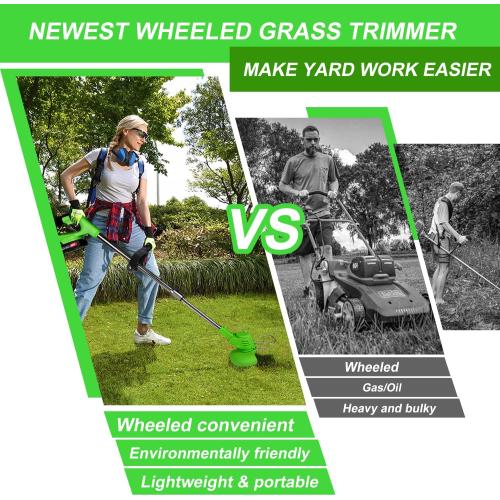 Electric Weed Wacker Cordless Eater 3 Battery, Foldable and Lightweight Grass Trimmer/Brush Cutter,5 Types Blade&Wheels 21V 2.0Ah Battery (3 Pieces) Powered for Garden and Yard (Non-Foldable)