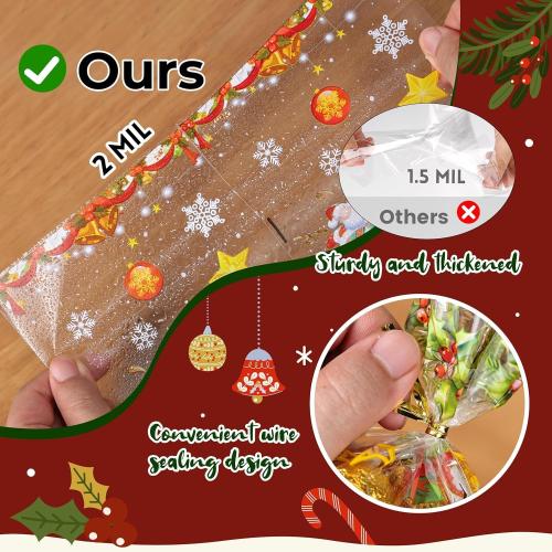 50Pcs Christmas Cellophane Treat Bags - Santa Claus Goodie Candy Xmas Clear Cello Bags Twist Ties for Winter Holiday Christmas Theme Party Favor Supplies, 4 Styles