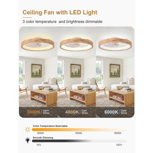 Low Profile Flush Mount Wood Fandelier Ceiling Fan with Light | Remote/APP, timer, memory, reversible, dimmable, 6 speeds; for bedroom, living room.