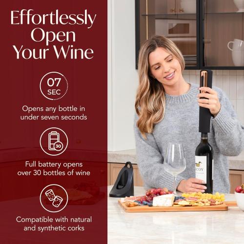Rechargeable Electric Wine Bottle Opener - Charging Base and Foil Cutter Included with Automatic Wine Opener - Electric Corkscrew for Easy Cork Removal - Best Gift for Wine Lover (Black & Rose Gold)