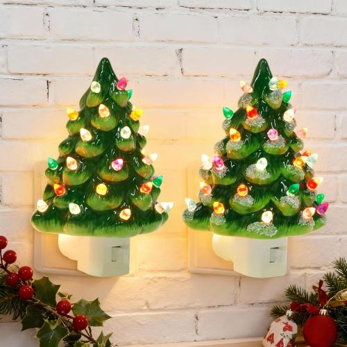 2 Pack Blissun Christmas Night Light, Ceramic Tree Decor 6 Inch with Multicolor Bulbs, 360° Swivel Plug & On/Off Switch for Bedroom, Home, Bathroom (2 Pack)