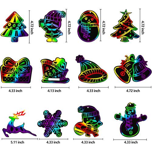 Max Fun Christmas Crafts Scratch Art for Kids, 48PCS Magic Rainbow Scratch Off Paper Cards, Christmas Ornaments Hanging Art for Kids Party Favors Supplies, Stocking Stuffers Educational Toys