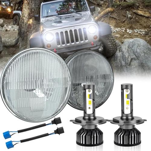 HMCYCI 7 Inch H6024 Round Headlight Sealed Beam Glass Housing   H4/9003 LED Headlight Bulbs,Interchange: H6024 6014 7 INCH Round 7inch 7in 178 mm 178mm PAR 56, Pack of 4