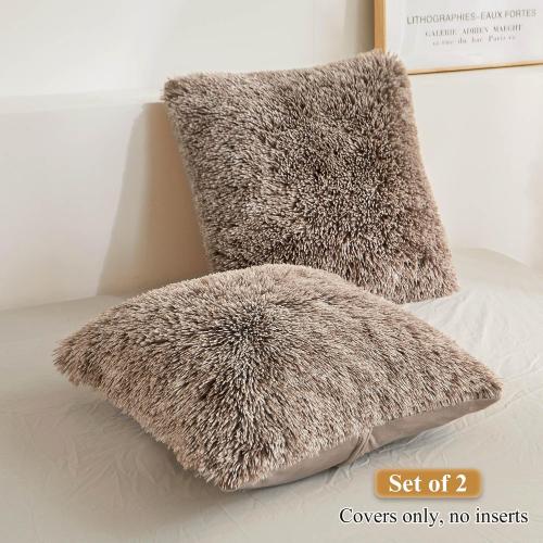 XeGe 2 Pieces Faux Fur Throw Pillow Covers, Shaggy Fluffy Cushion Covers, Cute Fuzzy Decorative Pillow Covers, Plush Furry Velvet Pillowcases for Bed Couch Living Room (18''x18'', Khaki Ombre)
