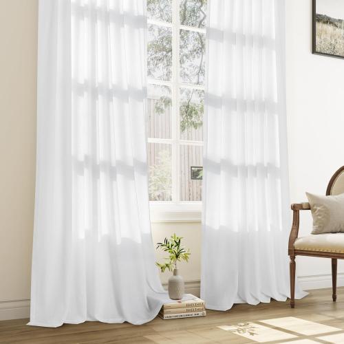 White Pinch Pleated Linen Curtains 96 Inches Long 2 Panels for Living Room Bedroom Cotton Light Filtering Semi Sheer 96 Inch Curtains Ceiling Floor Off White Pinch Pleat Drape with Hooks for Track
