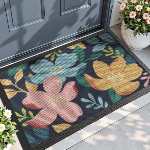 DEXI Front Door Mat Outside Entrance, 17x30 Spring Entryway Doormat Dirt Trapper, Heavy Duty Non Slip Entry Mats for Patio Garage Porch Home Decorative, Colorful Floral