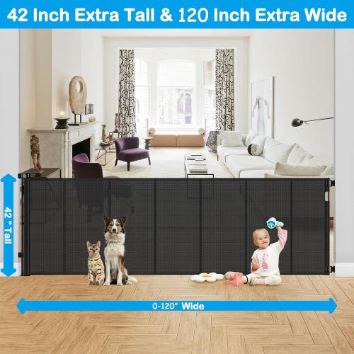 Reinforced 42 Tall X 120 Extra Wide Retractable Baby Gate Extra Long Baby Gates for Large Openings Prevent Kids and Pets from Jumping Over Retractable Pet Gate Reinforced Puppy Gates for Dogs, Black