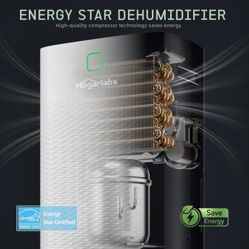 HOGARLABS 50 Pint Smart Dehumidifiers for Home and Basements, with 3 Working Modes, Overflow Protection, and Auto Shut off Restart. Ultra Silent Dehumidifier with Drain Hose and Digital Control Panel.
