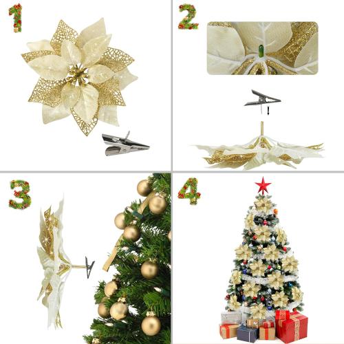 Childom 12 PCS Poinsettia Flower Artificial Poinsettia Christmas Decoration 8.7'' Gold Glitter Poinsettias Christmas Ornaments Xmas Tree Flower Decor with Clips DIY Xmas Wreath Holiday Home Party