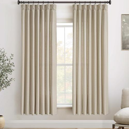 Taupe Linen Pinch Pleated Curtains 63 Inch Length 2 Panels for Living Room | Taupe, Modern, 63 Inch Long, Light Filtering, Privacy, Bedroom, Living Room, Burlap Textured, Memory Shape, Boho Modern