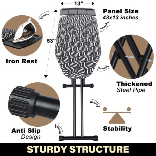 caius Ironing Board, Height Adjustable Heavy Duty Metal Iron Board with Heat Resistant Cover & Safety Iron Rest, Full Size 43x13 Foldable Space Saver Design, Heavy Duty, Easy to Fold