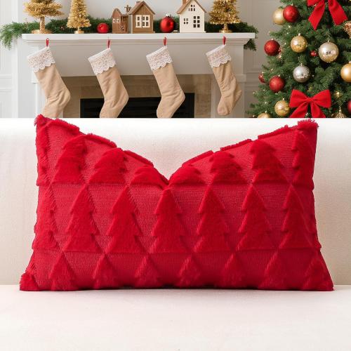 OTOSTAR Set of 1 Xmas Soft Plush Short Wool Velvet Decorative Throw Pillow Covers Rectangular Luxury Style Cushion Case Pillow Shell for Sofa Bedroom Christmas Tree Red, 12x20 Inch