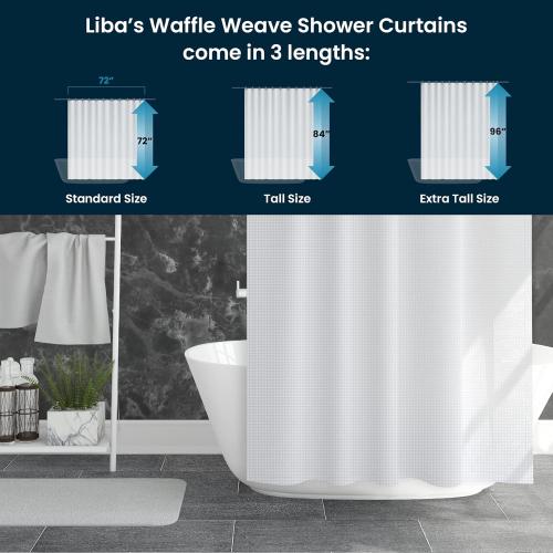 White 72x72 LiBa Waffle Weave Fabric White Shower Curtain, 72 W x 72 H Water Repellent & Heavyweight, Hotel Quality & Cloth Linen Shower Curtains Set and for Bathroom