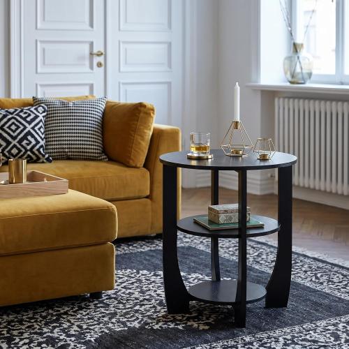 Round Side Table, Black, Modern Style | 3-Tier End Table with Storage, 19.7 inch, Nightstand for Bedroom Living Room, For Couch, Sofa, Recliner, Small Space