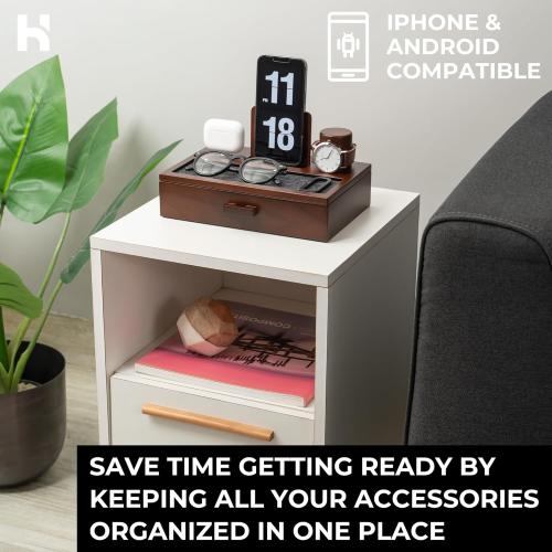 Color brown Holme & Hadfield Premium Wooden Phone Docking Station with Drawer – Nightstand Organizer for Charging Phone & Earbuds – Declutter Your Space with Felt-Lined Protection & Watch Pillar - Gift For Men