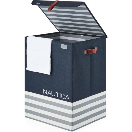 22*14*16 Navy Blue Nautica - Laundry Basket, Foldable Hamper & Storage Bin with Lid, Closet Organizers, Home Essentials (Navy Stripe)