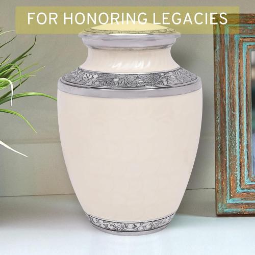 Lightweight Metal Cremation Urn for Human Ashes - Decorative Metal Memorial Urn for Adults, Secure Screw Lid, Durable Burial Urn for Home, Funeral, Men & Women 10 (White & Silver) - CLEENTABLE