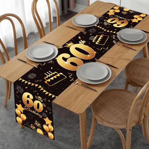 Happy 60th Birthday Table Runner Black Gold 72 Inch Long Celebrate 60th Birthday Table Runner for 60 Years Old Men Women Anniversary Party Decor Non-Slip Dining Table Linen Cloth Decorations