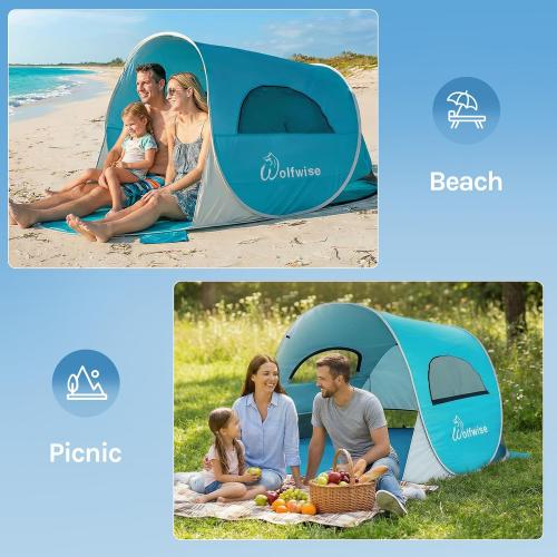 Wolfwise Pop up Beach Tent Sun Shelter with UPF50  UV Protection, Instant Easy Setup Popup Beach Shade Canopy for 3 Person, Portable & Foldable with Carring Bag, 87 ×57×47 in, Blue