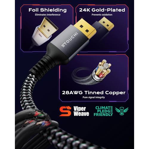 Stouchi VESA Certified DisplayPort 2.1 Cable 3.3FT, 54Gbps UHBR13.5 [16K 8K 4K@240Hz] Short DP Cord, Support FreeSync G-Sync, DSC 1.2a, Snag-Free Connector for RTX 5090/4090, Gaming Monitor