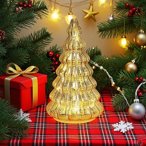 Christmas Decor lamp,Mercury Glass Christmas Tree Lights with Timer,Lighted Glass Tabletop Christmas Tree, Battery Operated Night Lights for Christmas, New Year Ceremony Decoration H: 8.2 (Gold)