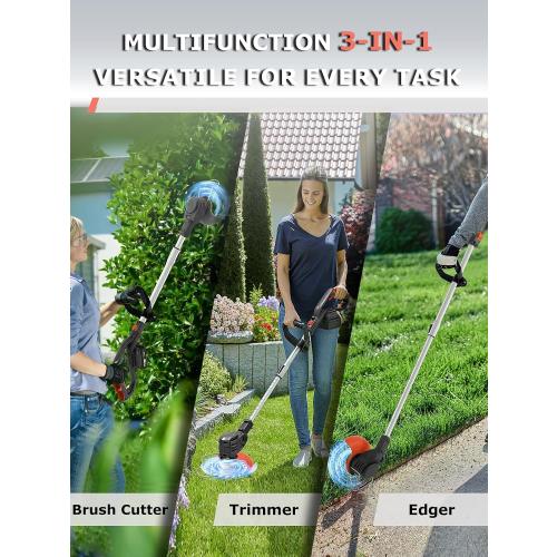 Electric Weed Wacker Cordless Battery Powered,20V Lightweight Weed Trimmer Eater with 2 Battery and Charger,3 in 1 Grass Trimmer/Brush Cutter/Lawn Edger with 26 Blade for Yard,Garden