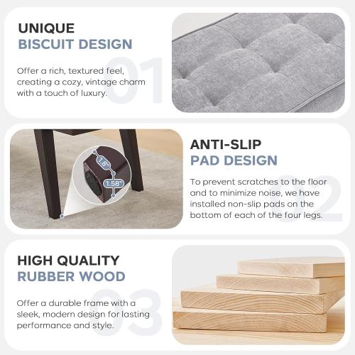 Entryway Bench, 47.2 Grey Rubberwood Bench for Bedroom with Padded Cushion, Ottoman End of Bed with Solid Wood Legs for Living Room, Foyer, Dining Room, Hallway, Loads 300 lb, 47.2 L x 17 W x 17 H