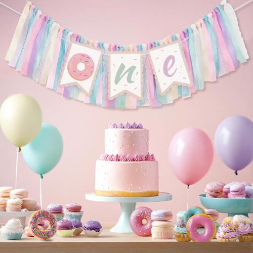 Kriyokiaa Donut Highchair Banner 1st Birthday Girl Sweet One Birthday Party Decorations Rainbow High Chair Banner Photo Background