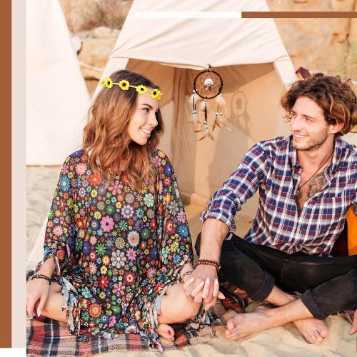 Hicarer 6 Pcs Hippie Costume Accessories Set Includes Headband Poncho Necklace Earrings Sunglasses for Women Girls