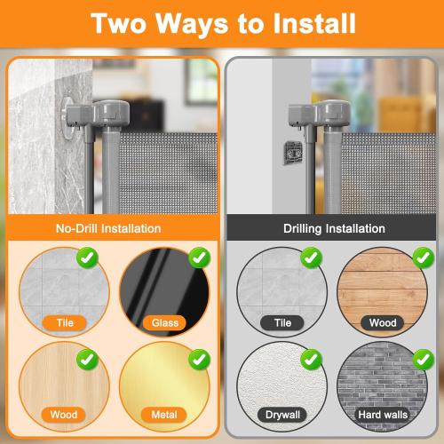 Upgrade 80” No Drill Retractable Baby Gates for Doorways No Drilling Mesh Gate with Support Rod - Prevent Bottom Escape Large Baby Gate No Drill Retractable Gate Outdoor Retractable Pet Gates for Dogs