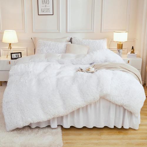 Andency Faux Fur White Comforter King Size, 3 Pieces Fluffy Fuzzy Plush Bedding Comforter Set (1 Shaggy Velvet Comforter & 2 Pillowcases), Soft Puffy Comfy Down Alternative Comforter Bedding Set