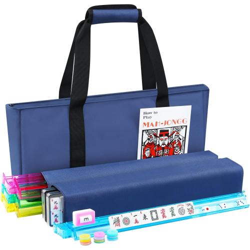 American Mahjong Tile Set Include 166 Tiles 4 All-in-One Mahjong Racks/Pushers with Fabric Carrying Bag Complete Mahjong Game Set (Blue Bag)