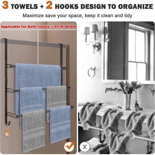 Livabber 3-Tier Over The Door Towel Rack, All Metal Towel Rack with Hooks for Door Hanging, Behind Door Towel Bar Towel Storage Holder for Bathroom Accessories, Black (22.8 L x 5.9 W x 24.4 H)